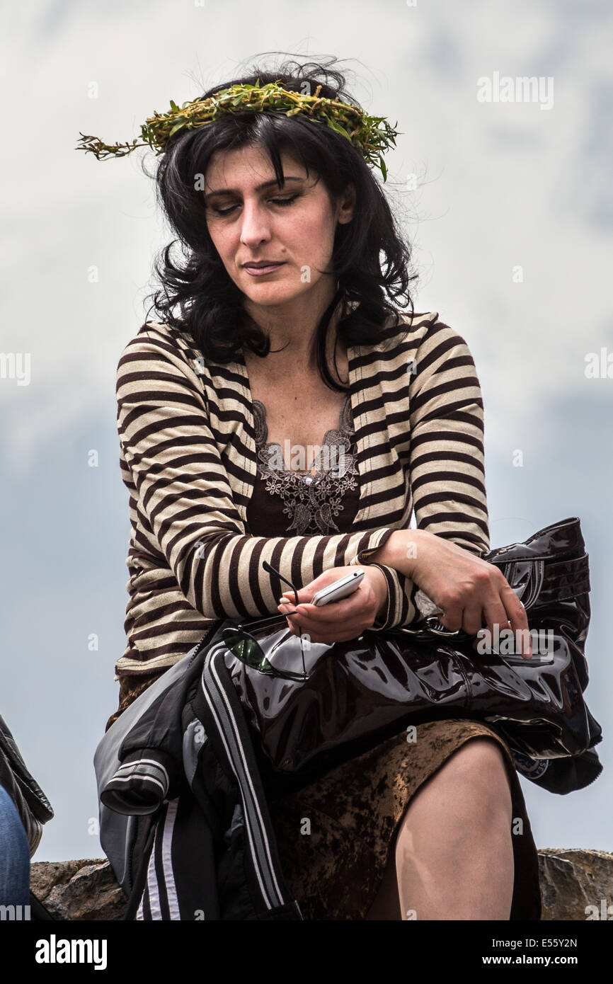 Woman contemplating during an Easter visit to Khor Virap Monastery in southern Armenia Stock Photo