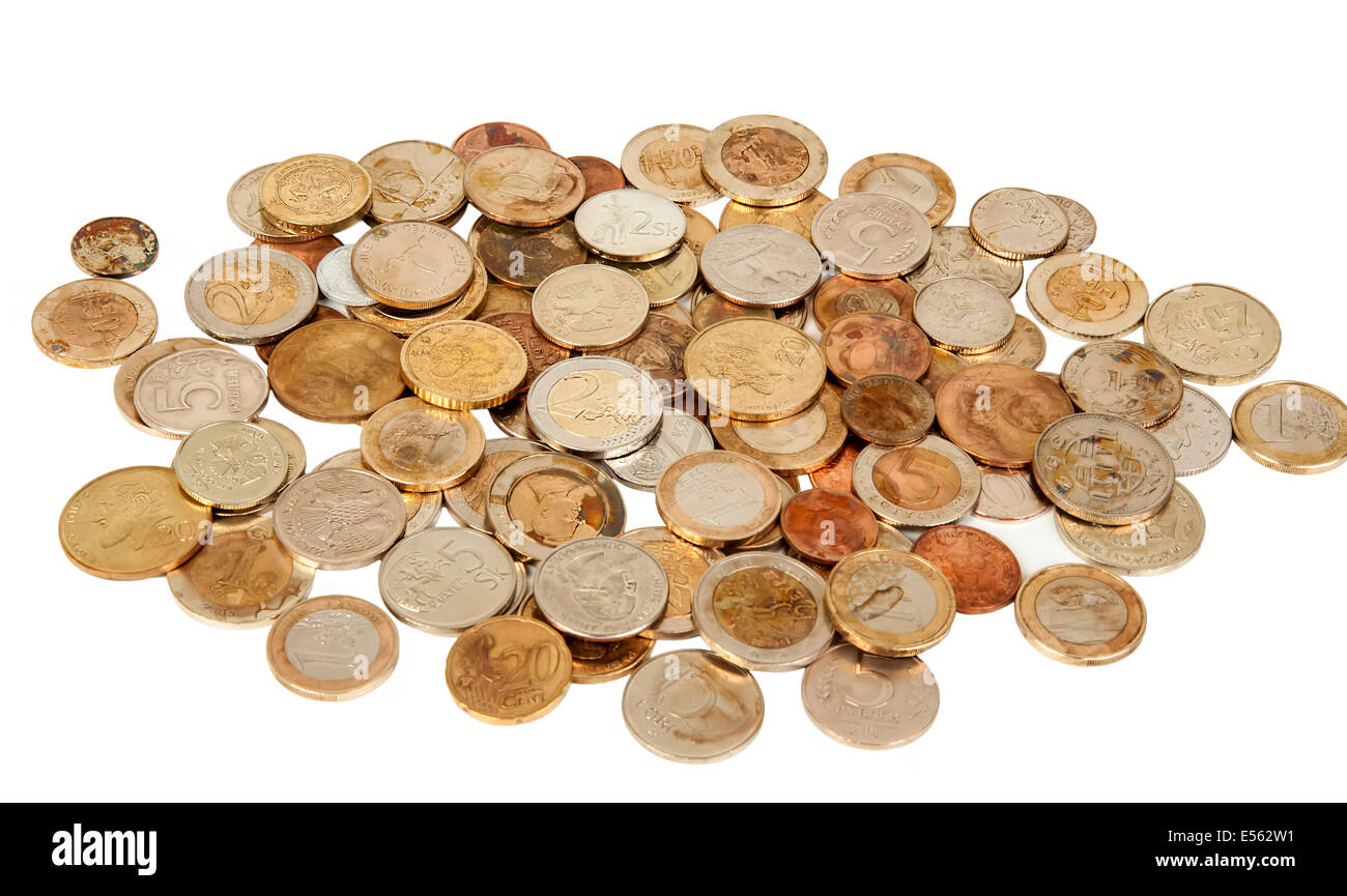 Different old european coins on white Stock Photo