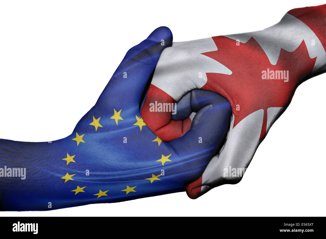 Diplomatic handshake between countries: flags of European Union and Canada overprinted the two hands Stock Photo