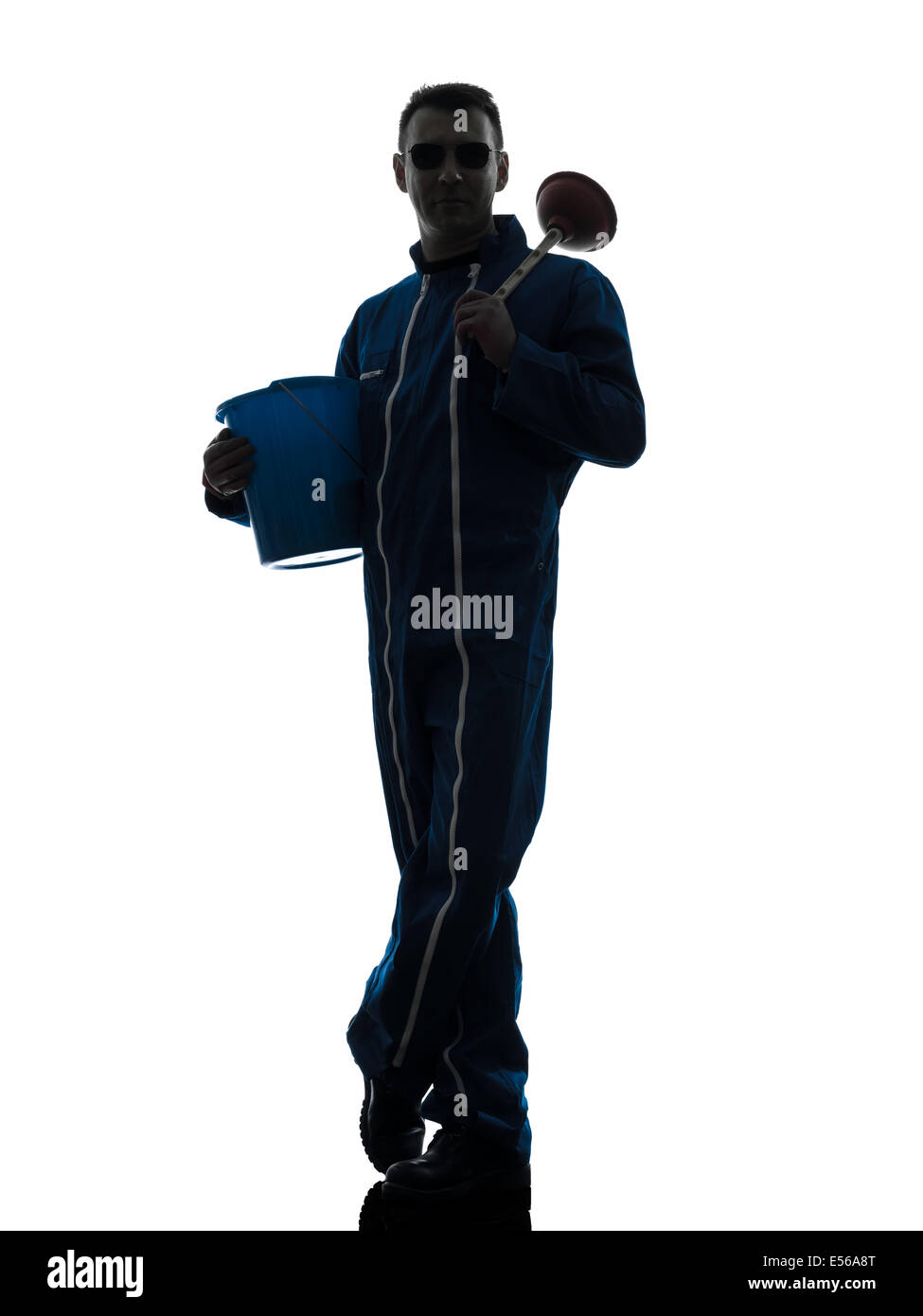one  janitor cleaner cleaning silhouette in studio on white background Stock Photo