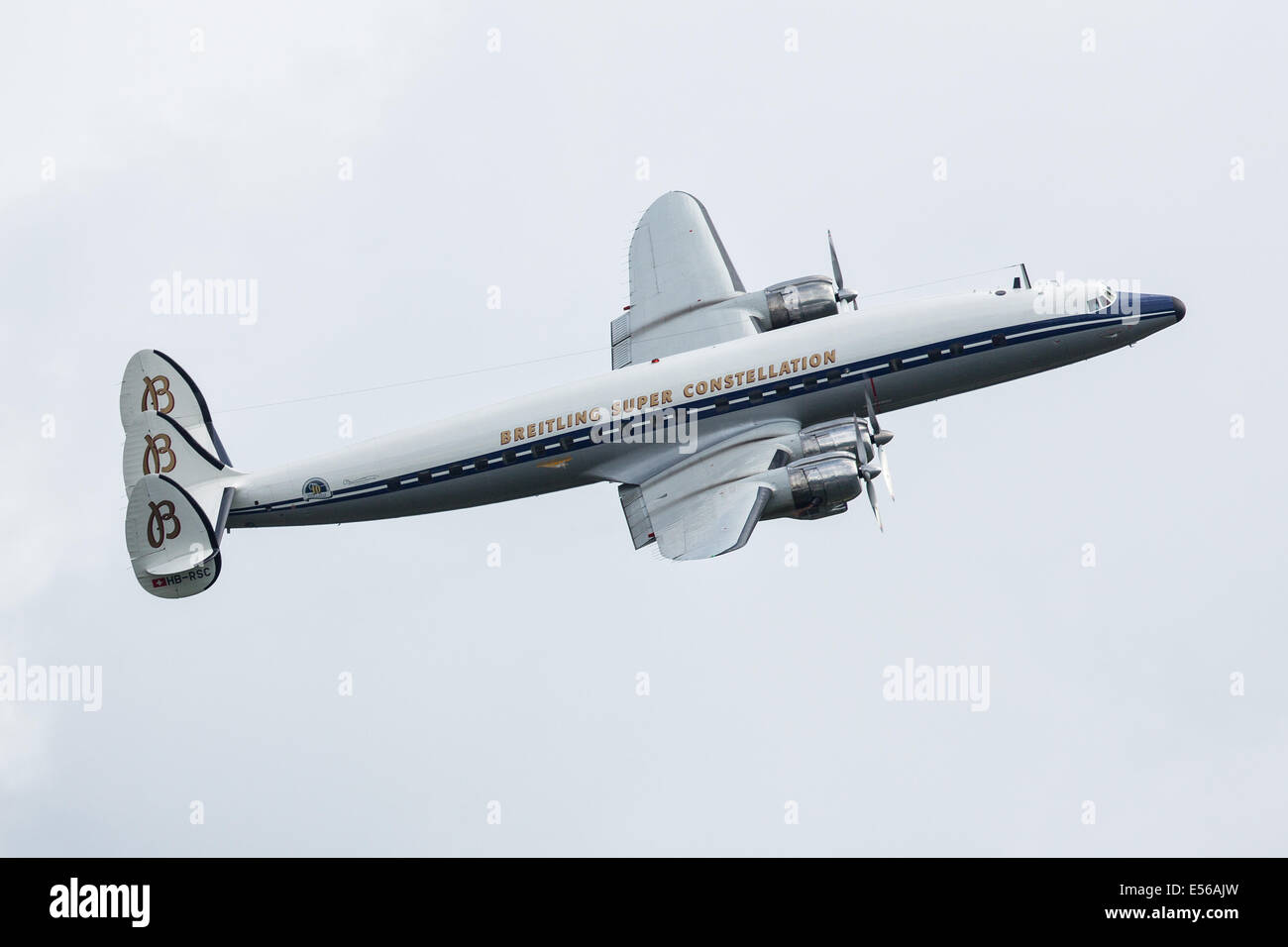 Breitling Lockheed L 1049 Super Constellation Jetliner aircraft flying at Farnborough Airshow 2014 Stock Photo Alamy
