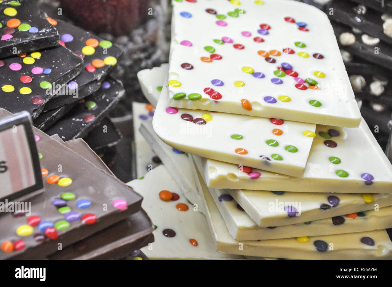 Smarties with chocolate in a candy store. Photographed in Prague Czech