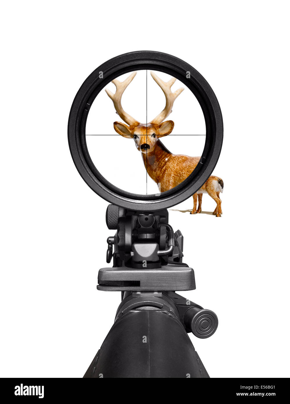 A deer caught in the cross hairs of a gun sight. The deer is a china model Stock Photo