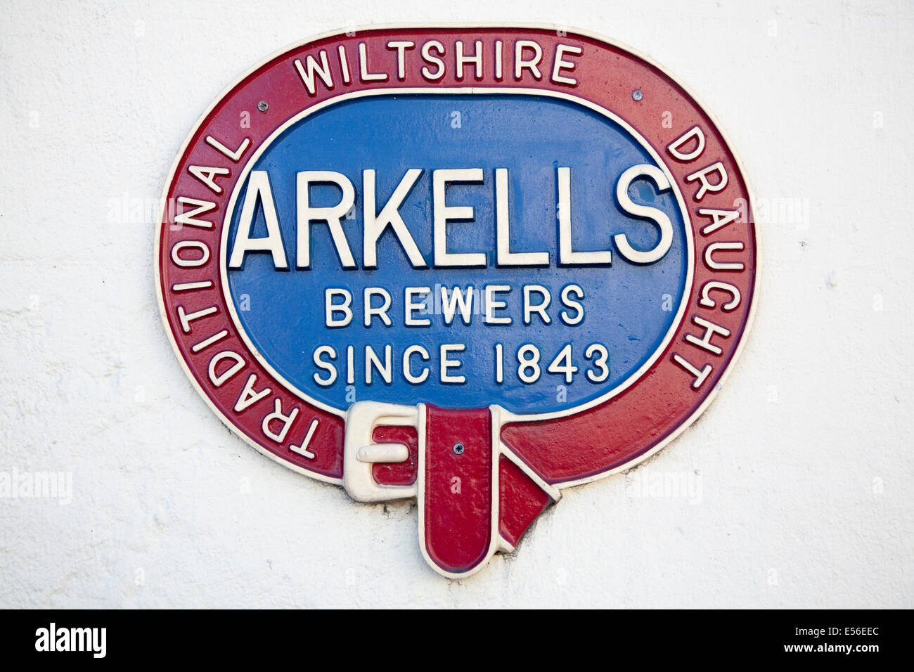Close up of old metal advertising sign for Arkells brewers of traditional draught beer since 1843, Wiltshire, England Stock Photo