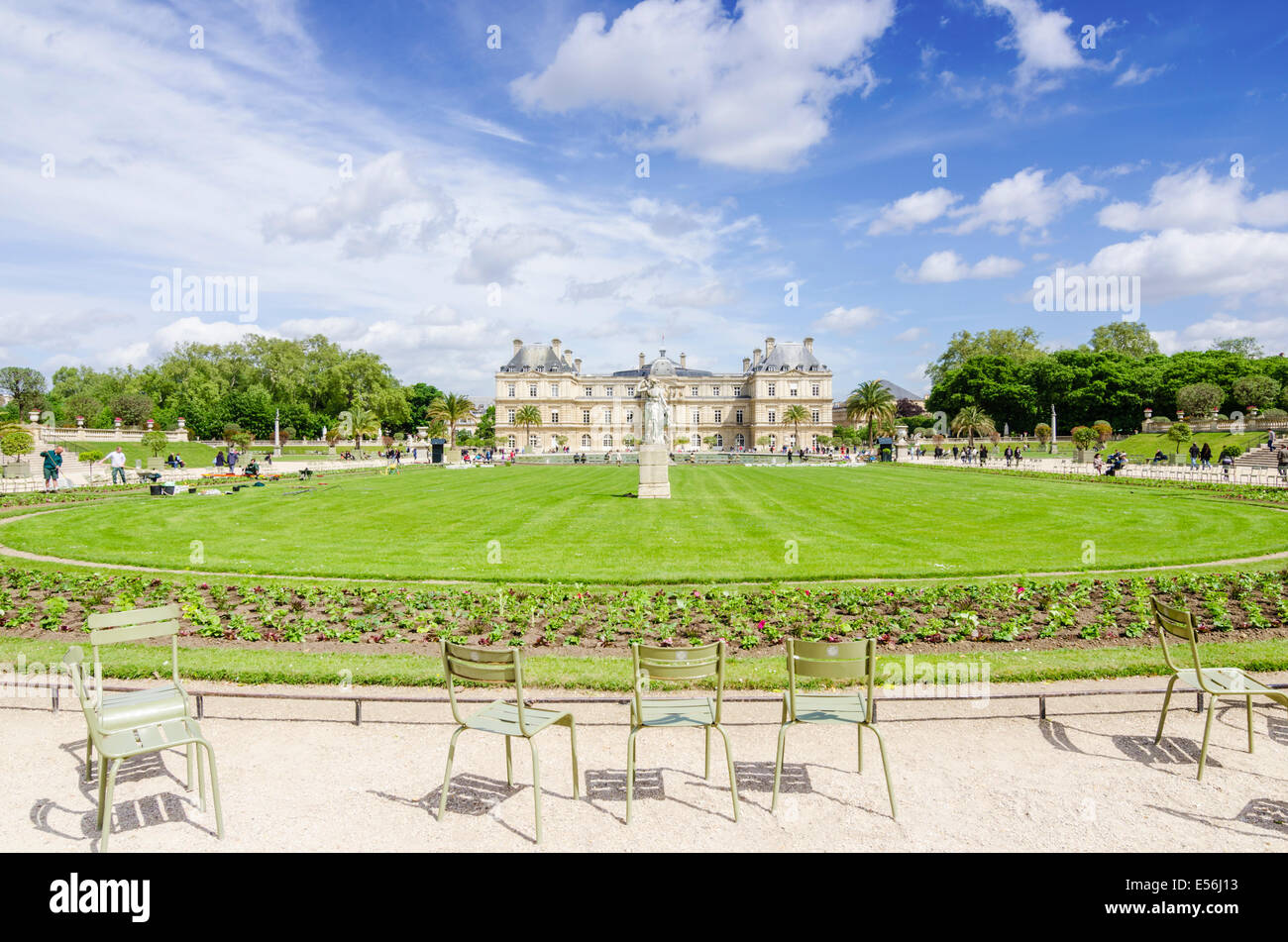 Fermob Chairs in front of the Palais du Luxembourg, Jardin du Luxembourg, 6th arrondissement, Paris, France Stock Photo