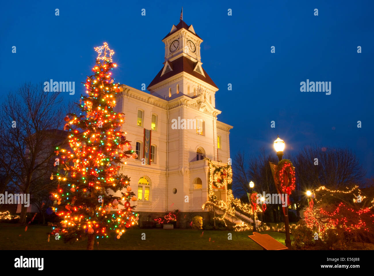 Benton County Courthouse with Christmas lights, Corvallis, Oregon Stock