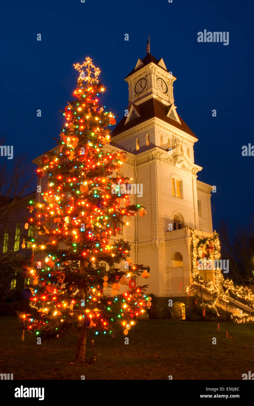 Benton County Courthouse with Christmas lights, Corvallis, Oregon Stock