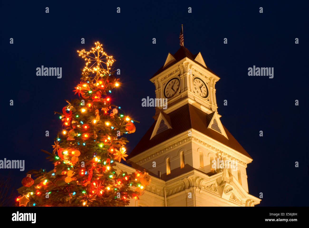 Benton County Courthouse with Christmas lights, Corvallis, Oregon Stock