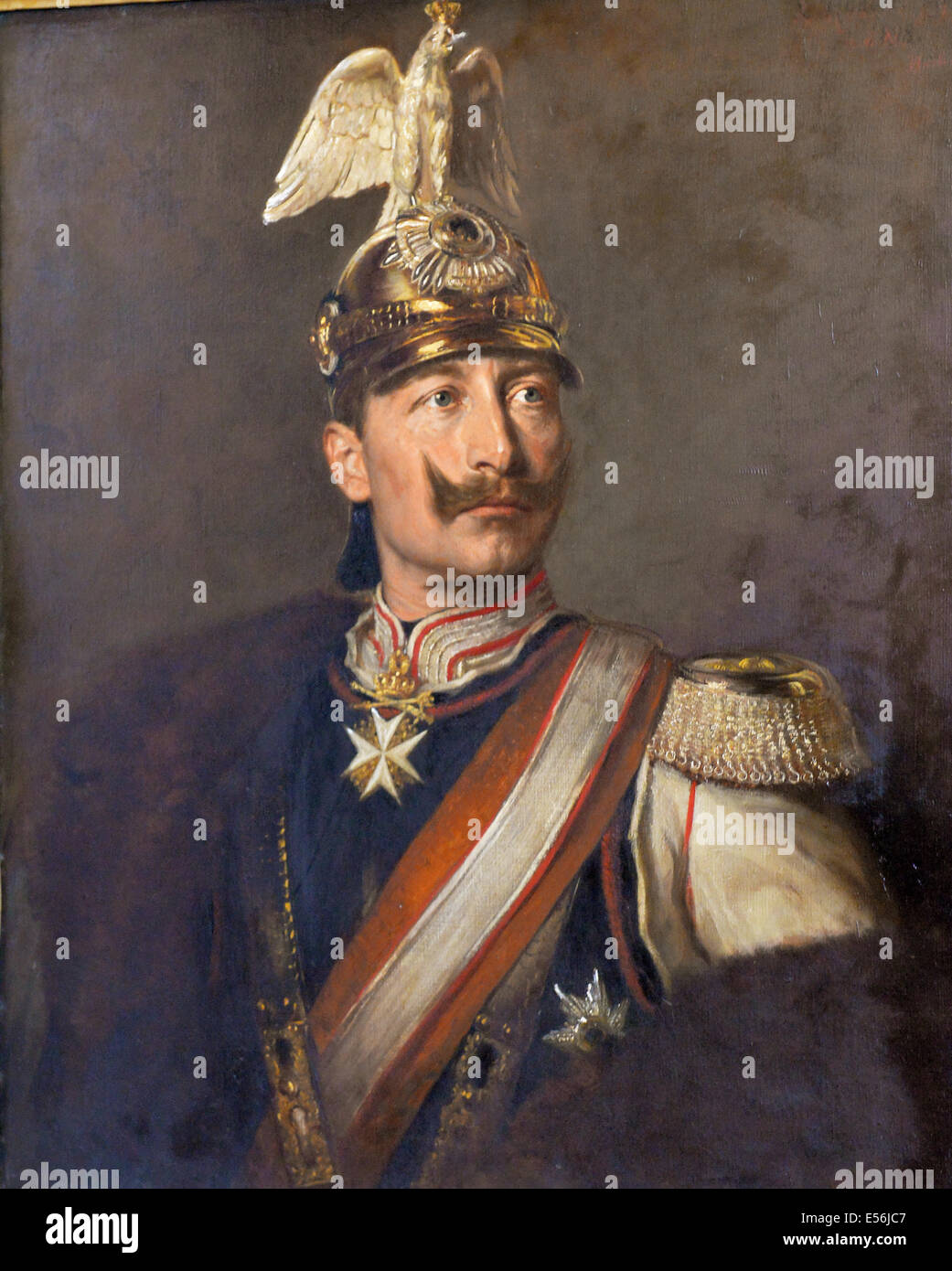 A portrait of Kaiser Wilhelm II in the uniform of the Guarde du Corps of Ludwig Noster is on display at the New Palace in Potsdam, Germany, 22 July 2014. The Prussian Palaces and Gardens Foundation Berlin-Brandenburg commemorates commemorates the start of WWI with the exhibition 'Milestones of History' at the site wherre the declaration of war was actually signed. Photo: BERND SETTNIK/dpa Stock Photo