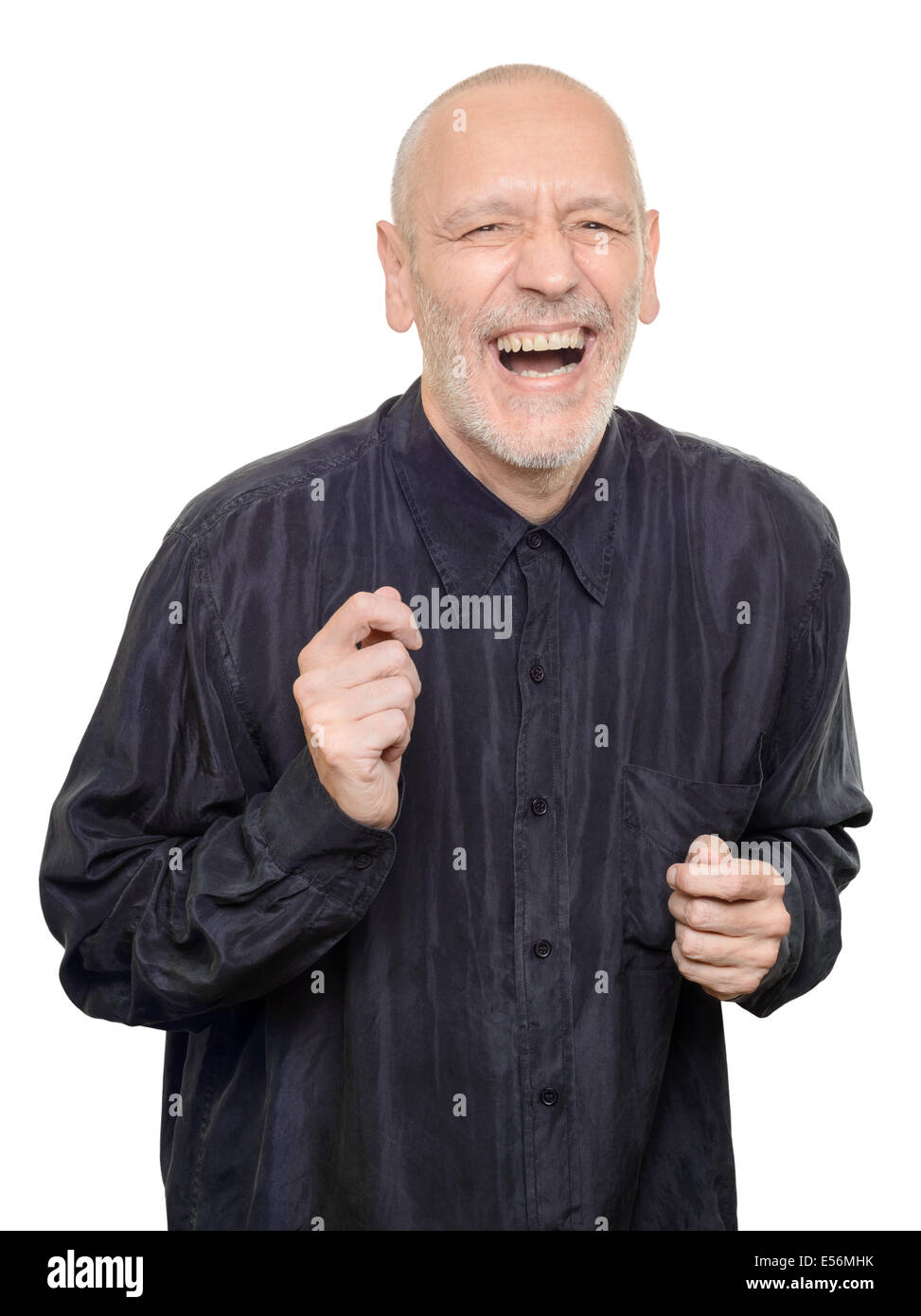 Man with black silk shirt laughing out loud, isolated on white background Stock Photo