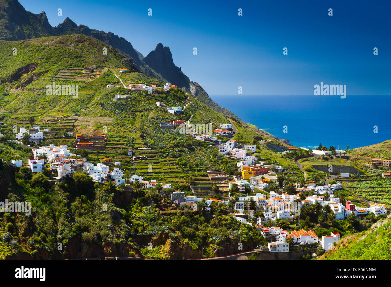 Taganaga village and cliffs. Santa Cruz de Tenerife, Tenerife, Canary Islands, Atlantic Ocean, Spain. Europe. Stock Photo