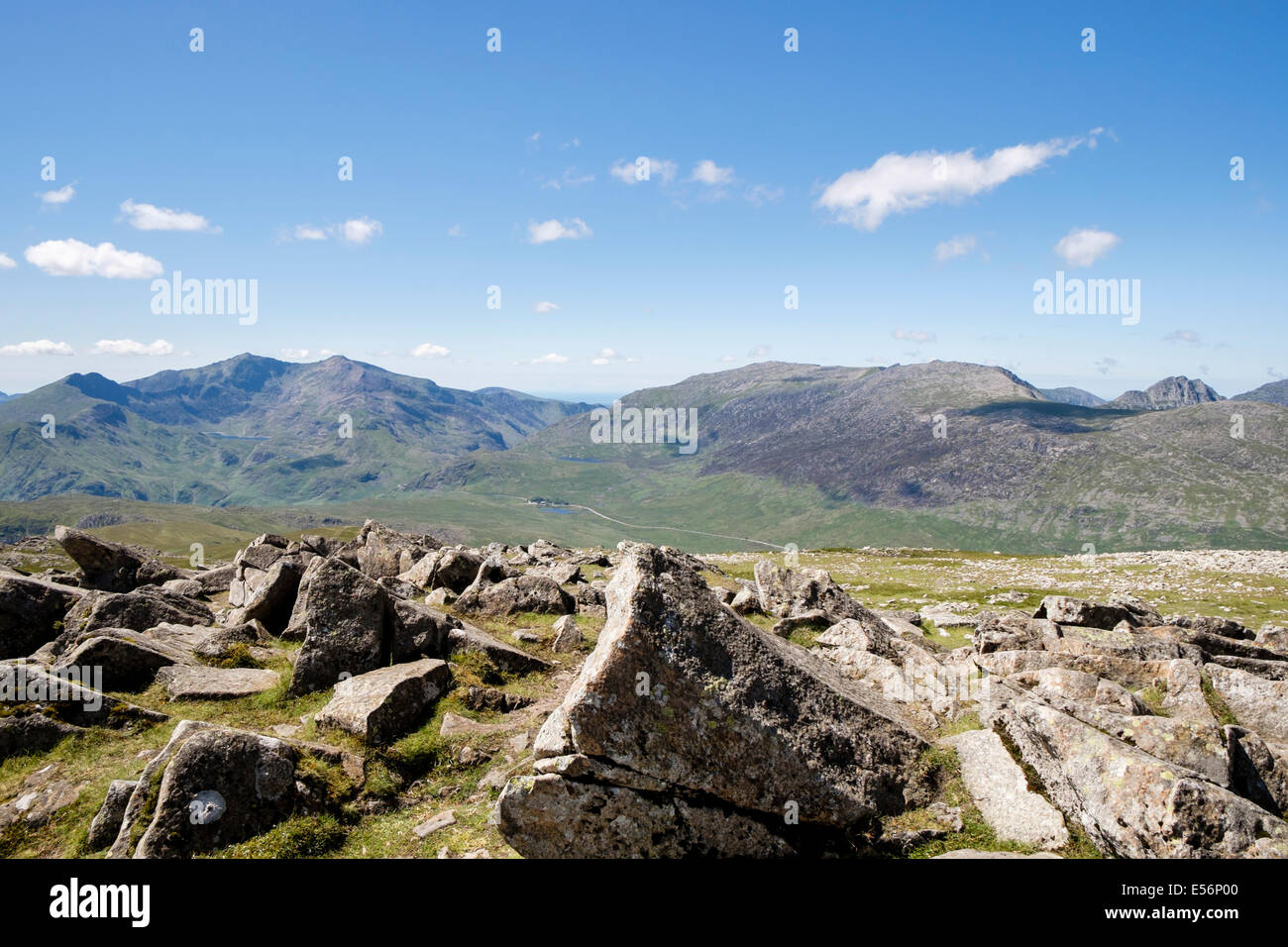 View from Carnedd Moel Siabod summit to Snowdon horseshoe and Glyderau mountains in summer in Snowdonia National Park Conwy North Wales UK Stock Photo
