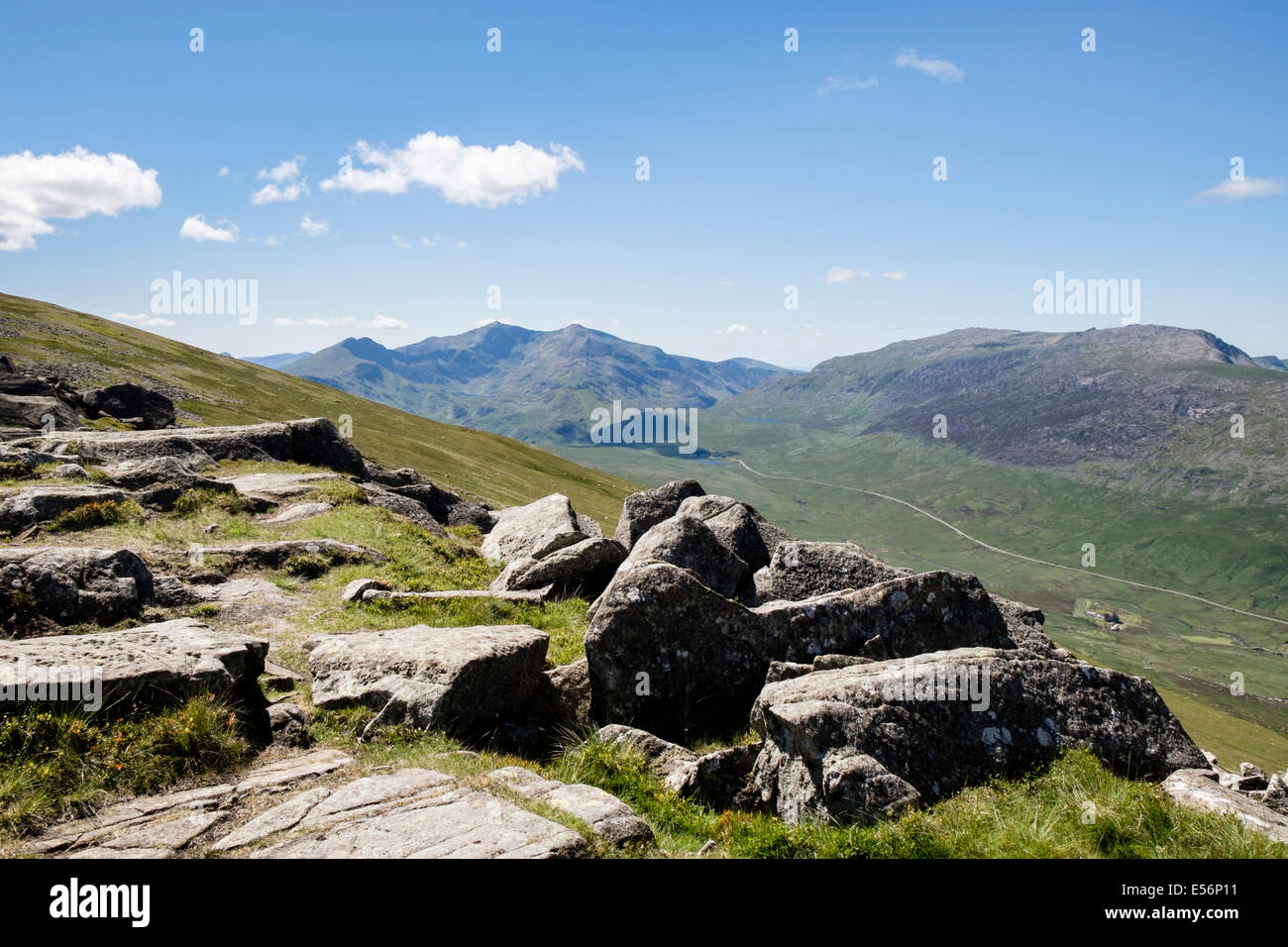 View from Carnedd Moel Siabod hillside to Snowdon horseshoe and Glyderau mountains in Snowdonia National Park North Wales UK Stock Photo