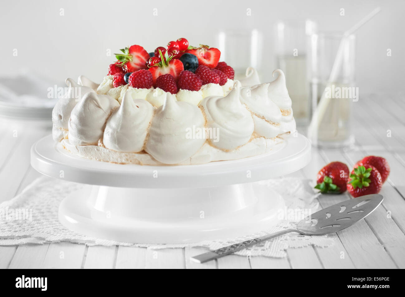 Summer fruit pavlova. Meringue and cream dessert Stock Photo
