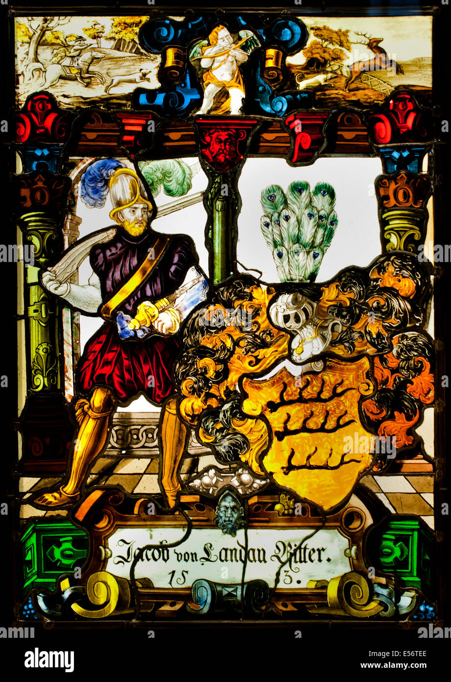 Coat of arms  leaded window Jacob von Landau Ritter 1513 German Germany Stock Photo