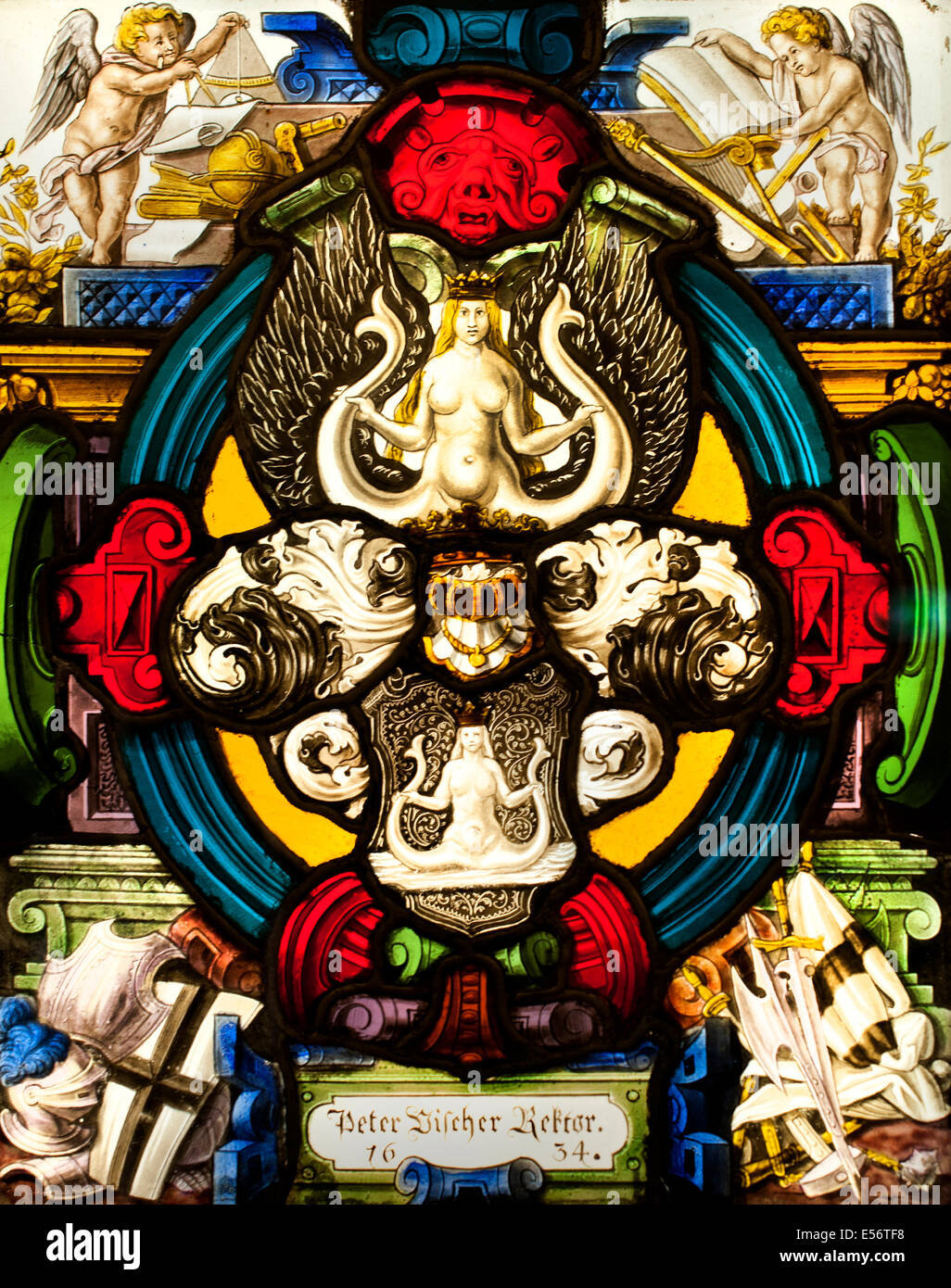 Coat of arms of the rector Peter Vischer leaded window Swiss Switzerland Stock Photo