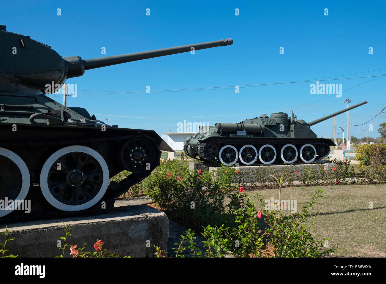 T34 and SAU-100 tanks at the Bay of Pigs Museum, Playa Giron, Cuba. Stock Photo