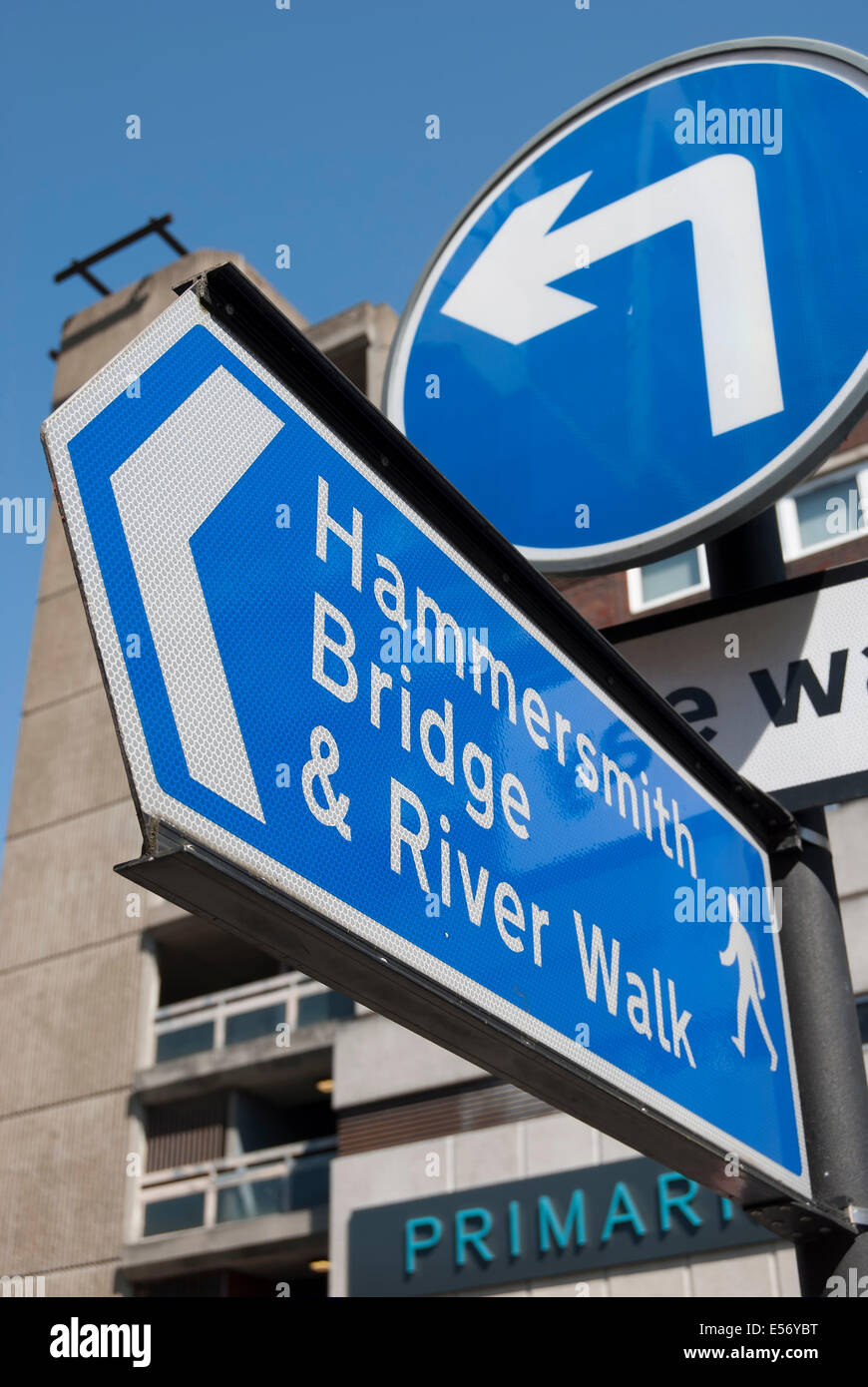 direction sign for hammersmith bridge and river walk, hammersmith, west london, england Stock