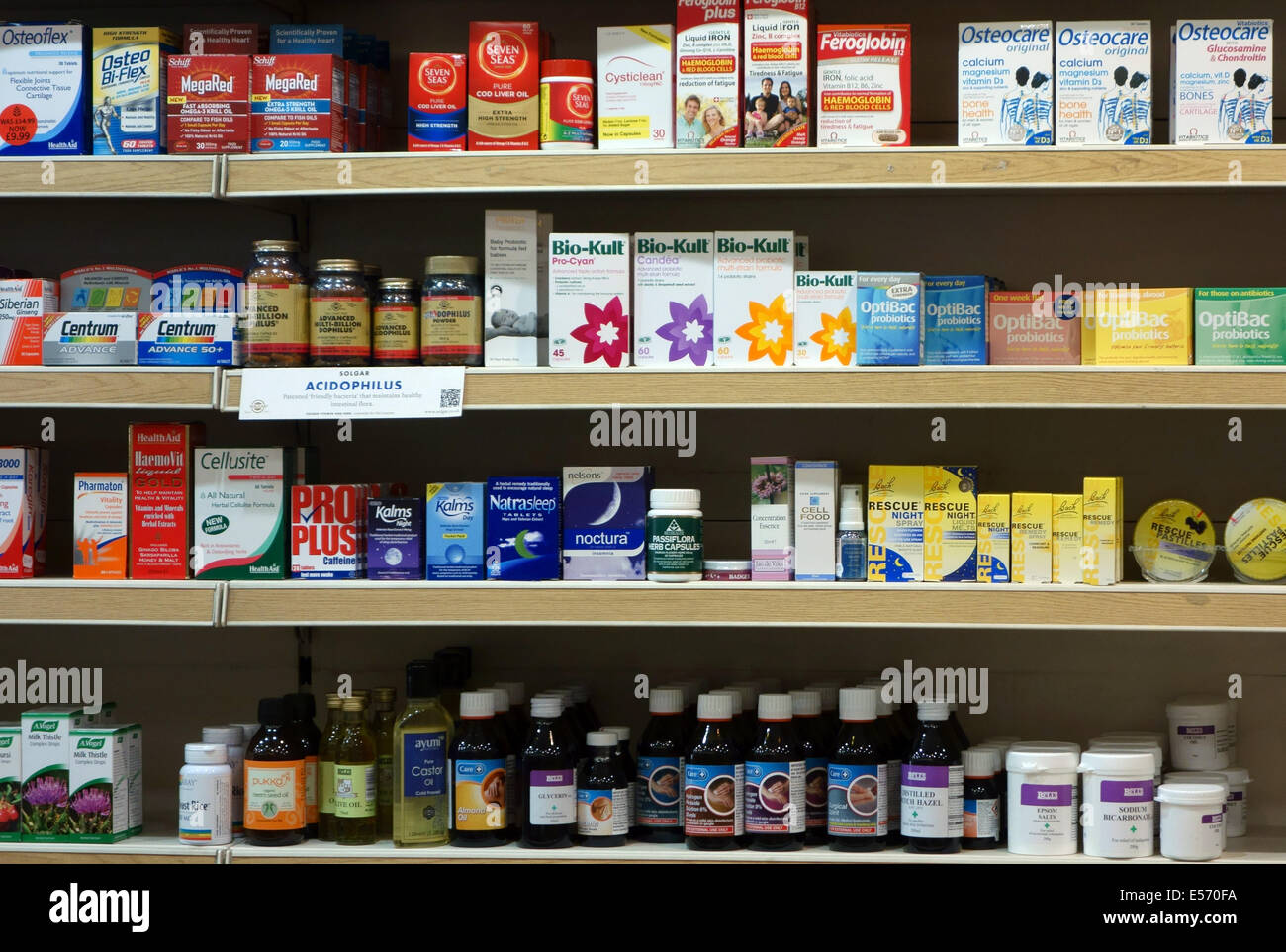 Overthecounter medicines displayed in London chemists shop Stock
