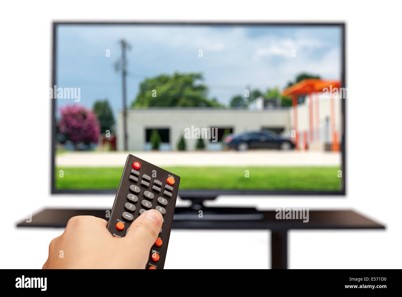 Hand holding TV Remote control isolated on white Stock Photo