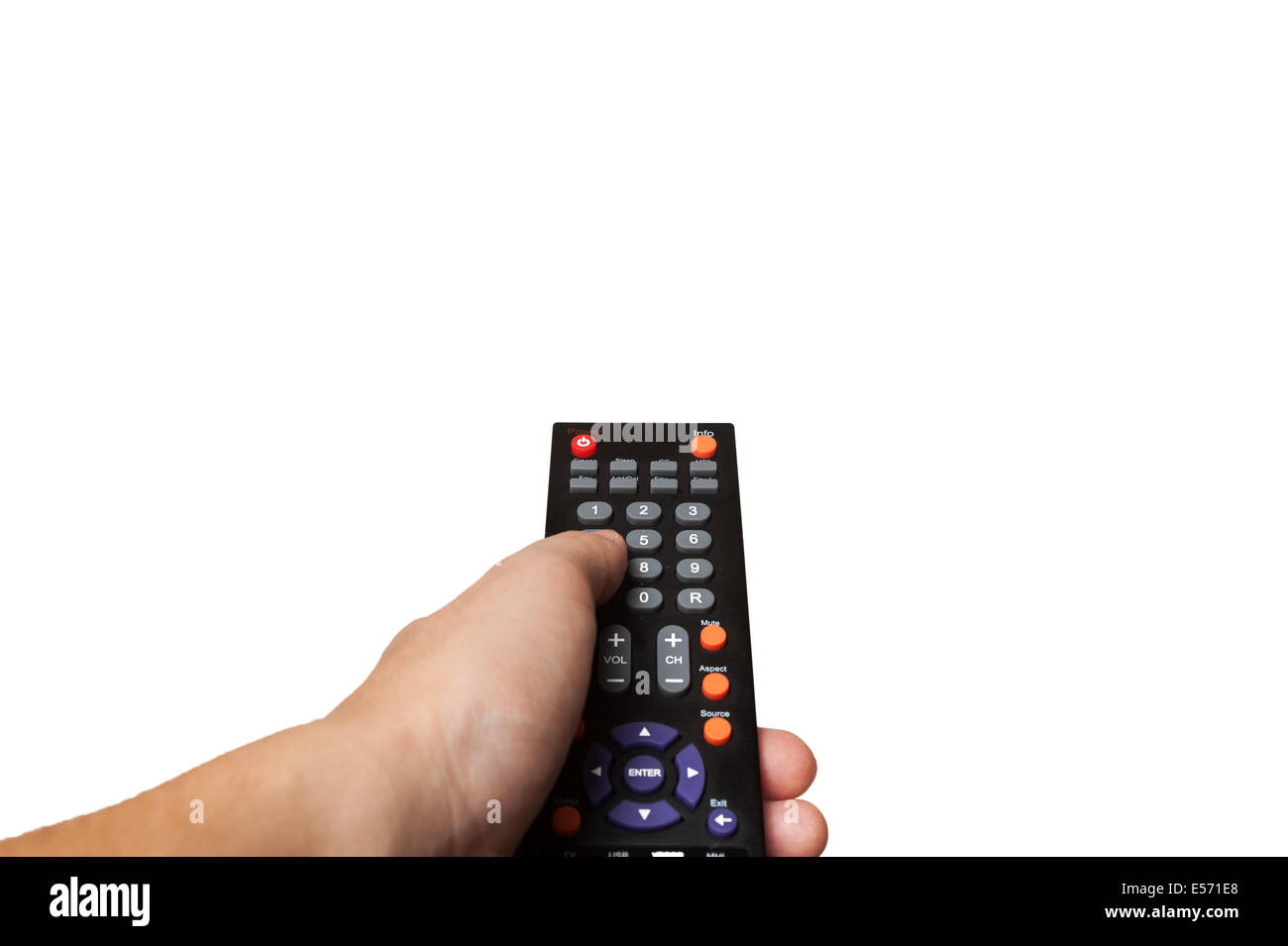 Hand with TV remote control Stock Photo