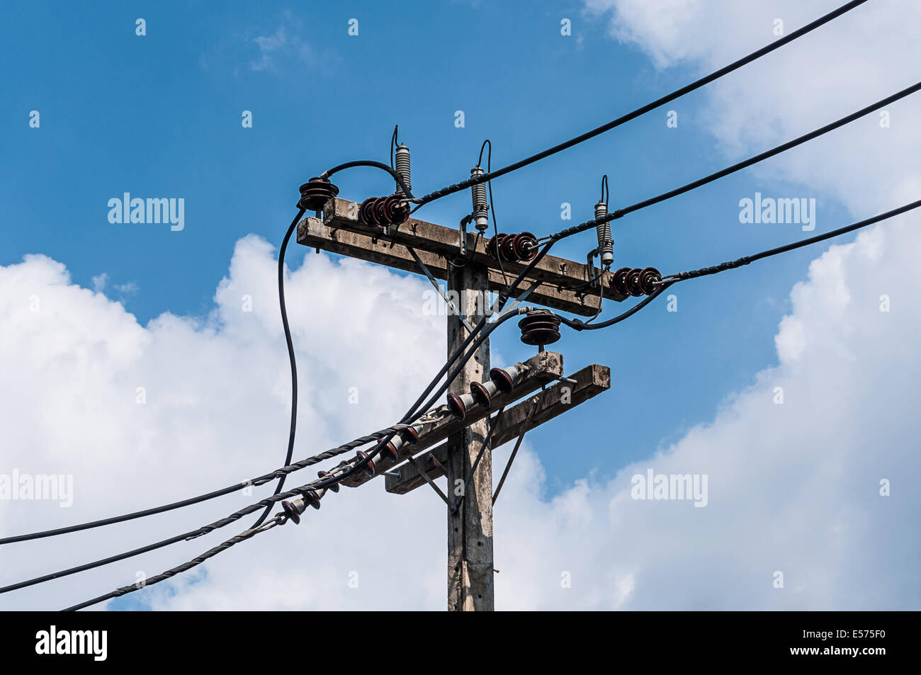 Electricity pole with power wire on blue sky and cloud Stock Photo - Alamy