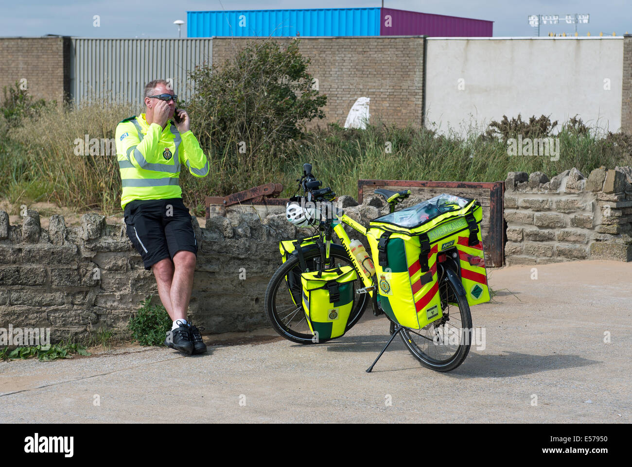 Skegness seafront bicycle ambulance with paramedic. Stock Photo