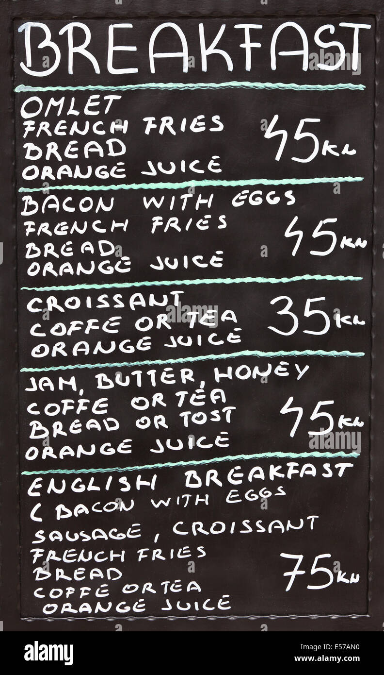 Croatian Street cafe breakfast menu written in chalk on a blackboard Stock Photo
