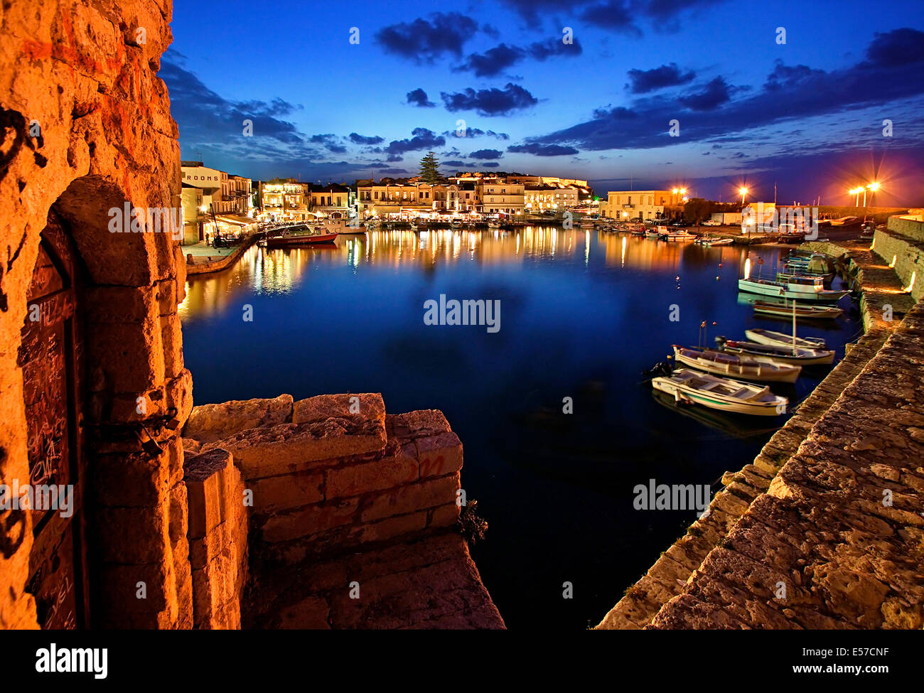 The old harbor of Rethymno town around the "blue" hour. Crete island, Greece Stock