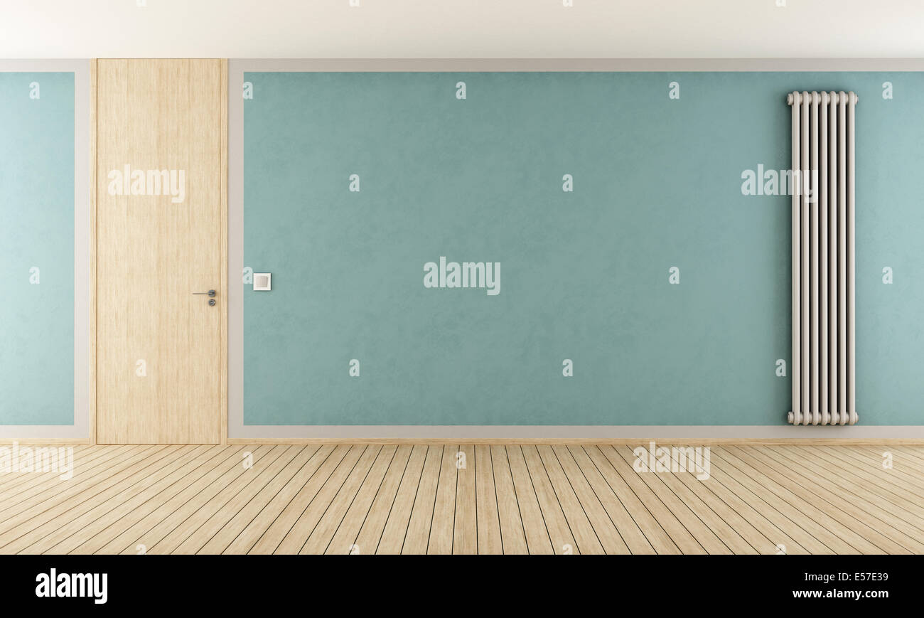 Blue empty room with door full height and vertical radiator - rendering Stock Photo