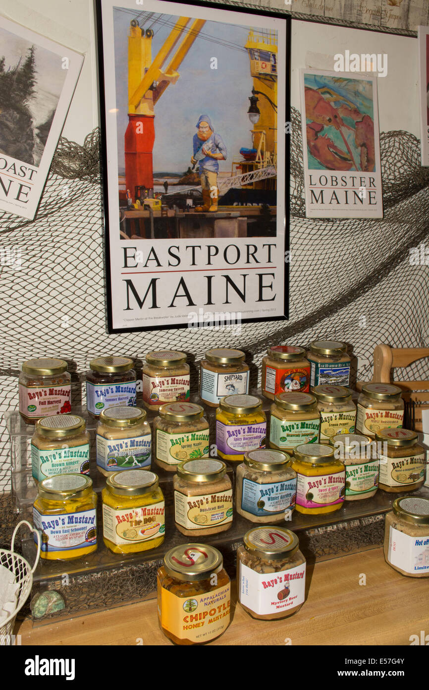 Maine, Eastport. The most easterly town in the US. Raye's Mustard, homemade mustard in assorted flavors. Stock Photo