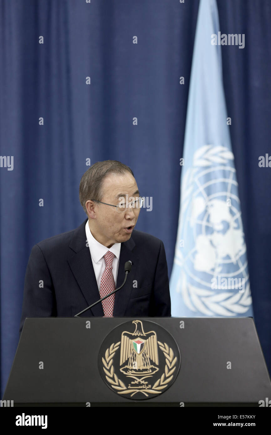 Ramallah. 22nd July, 2014. United Nations Secretary General Ban Ki-Moon speaks during a joint news conference in the west bank city of Ramallah on July 22, 2014. UN chief Ban Ki-moon demanded that Israel and Hamas halt the spiralling violence in Gaza as he pushed diplomatic efforts to end bloodshed that has killed more than 600 Palestinians. Credit:  Fadi Arouri/Xinhua/Alamy Live News Stock Photo