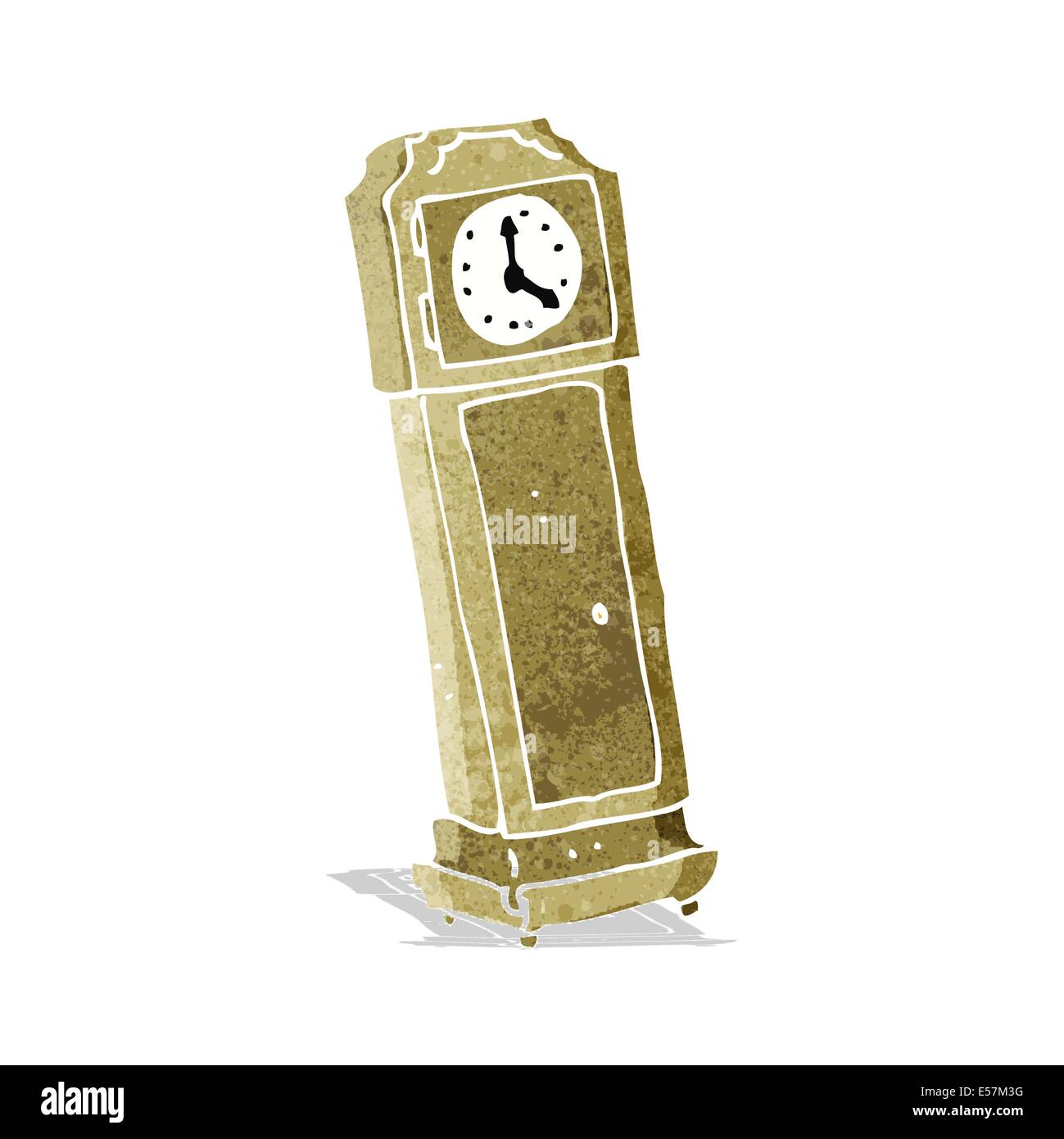 Illustrated cartoon grandfather clock with whimsical hands and ornate design