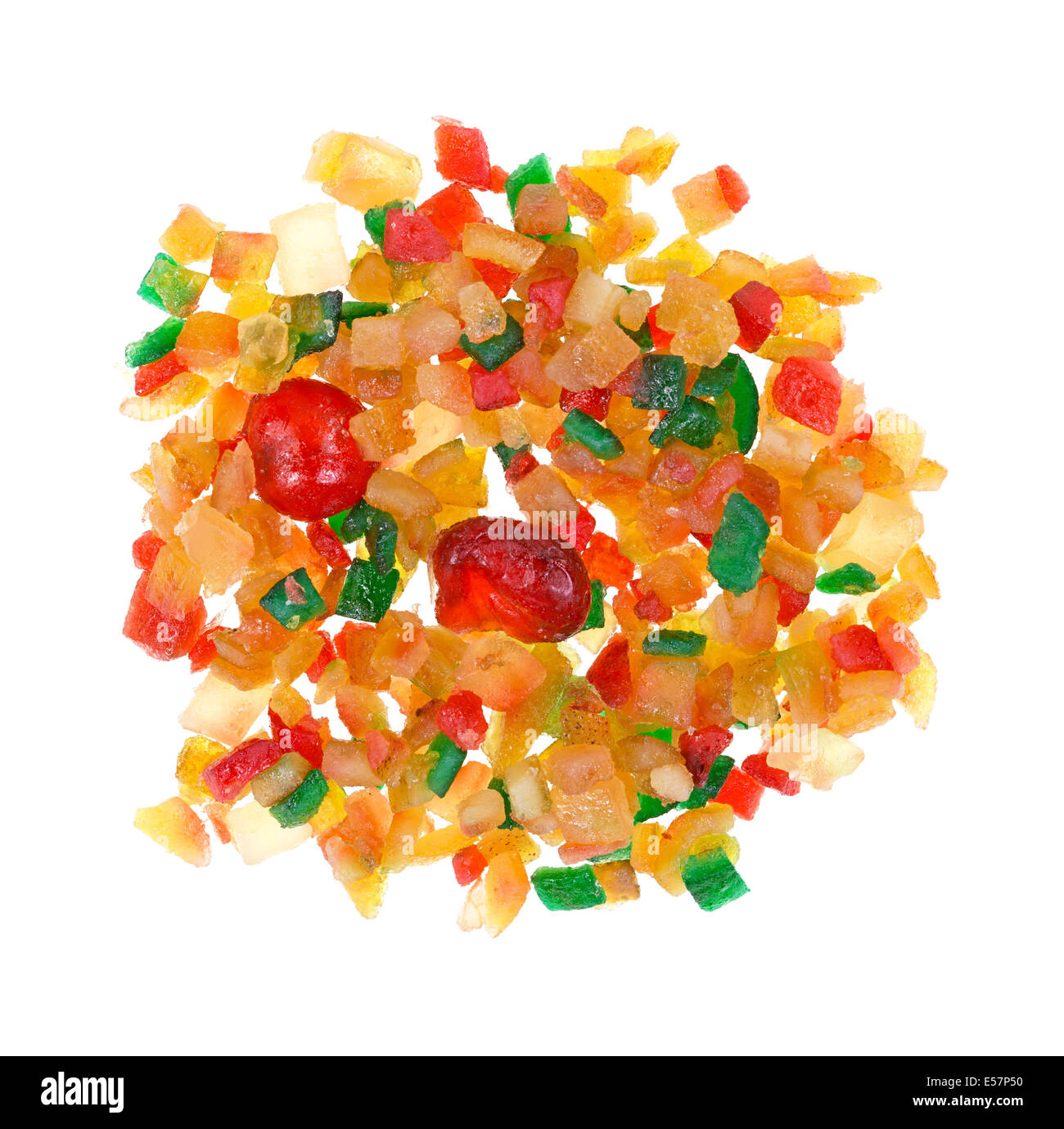 Top view of a portion of fruit and peel mix used for holiday fruitcakes. Stock Photo