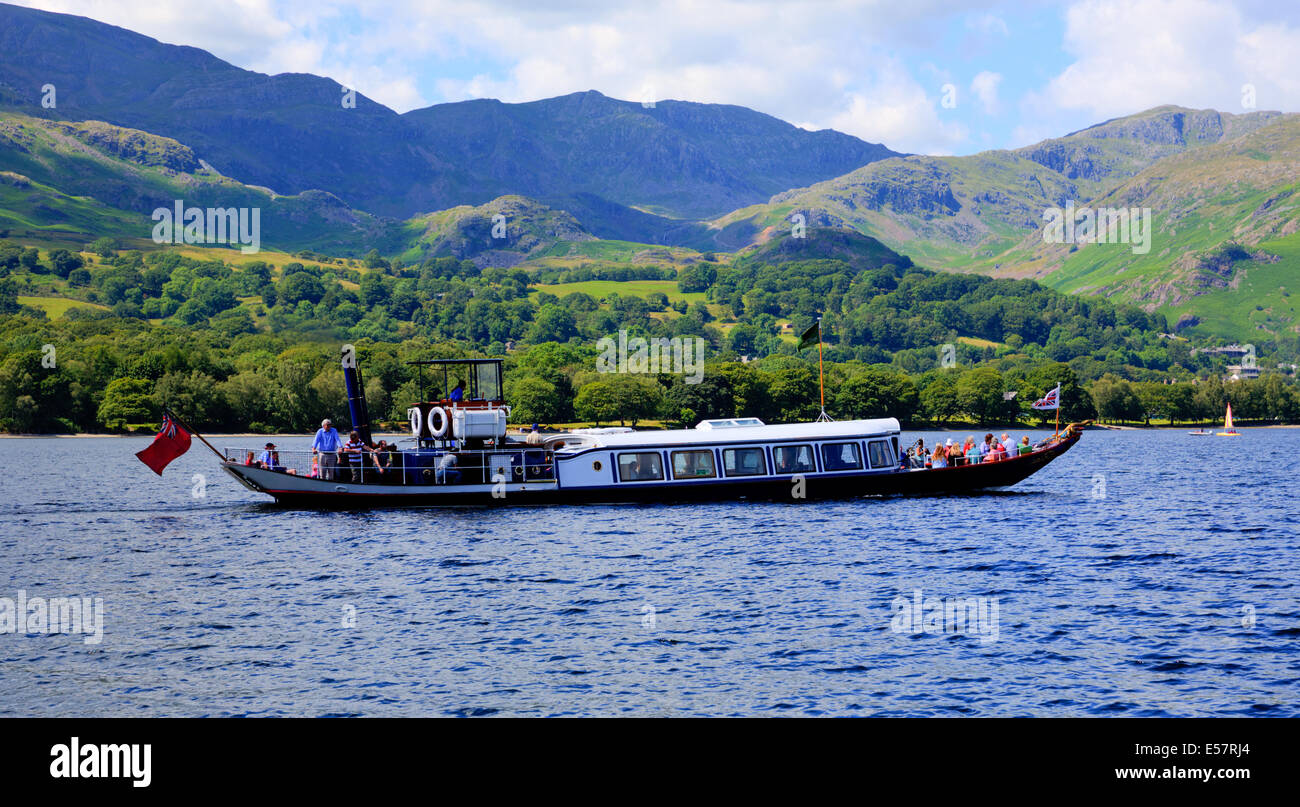 Gondola steam boat on Coniston water Lake District England uk on a beautiful sunny summer day in this popular tourist attraction Stock Photo