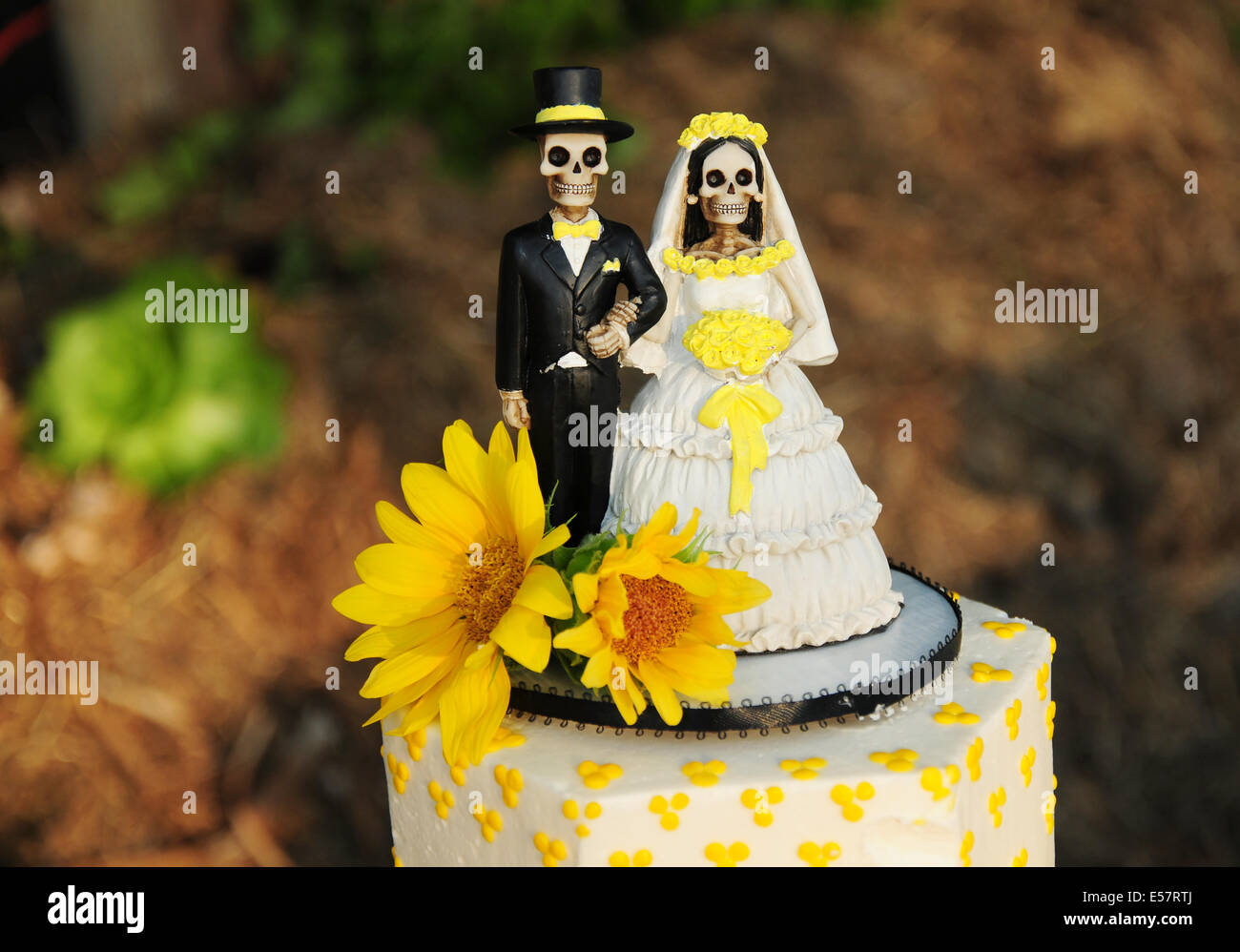 A wedding cake topped with a skeleton bride and groom, showing some fun trendy wedding day alternatives Stock Photo
