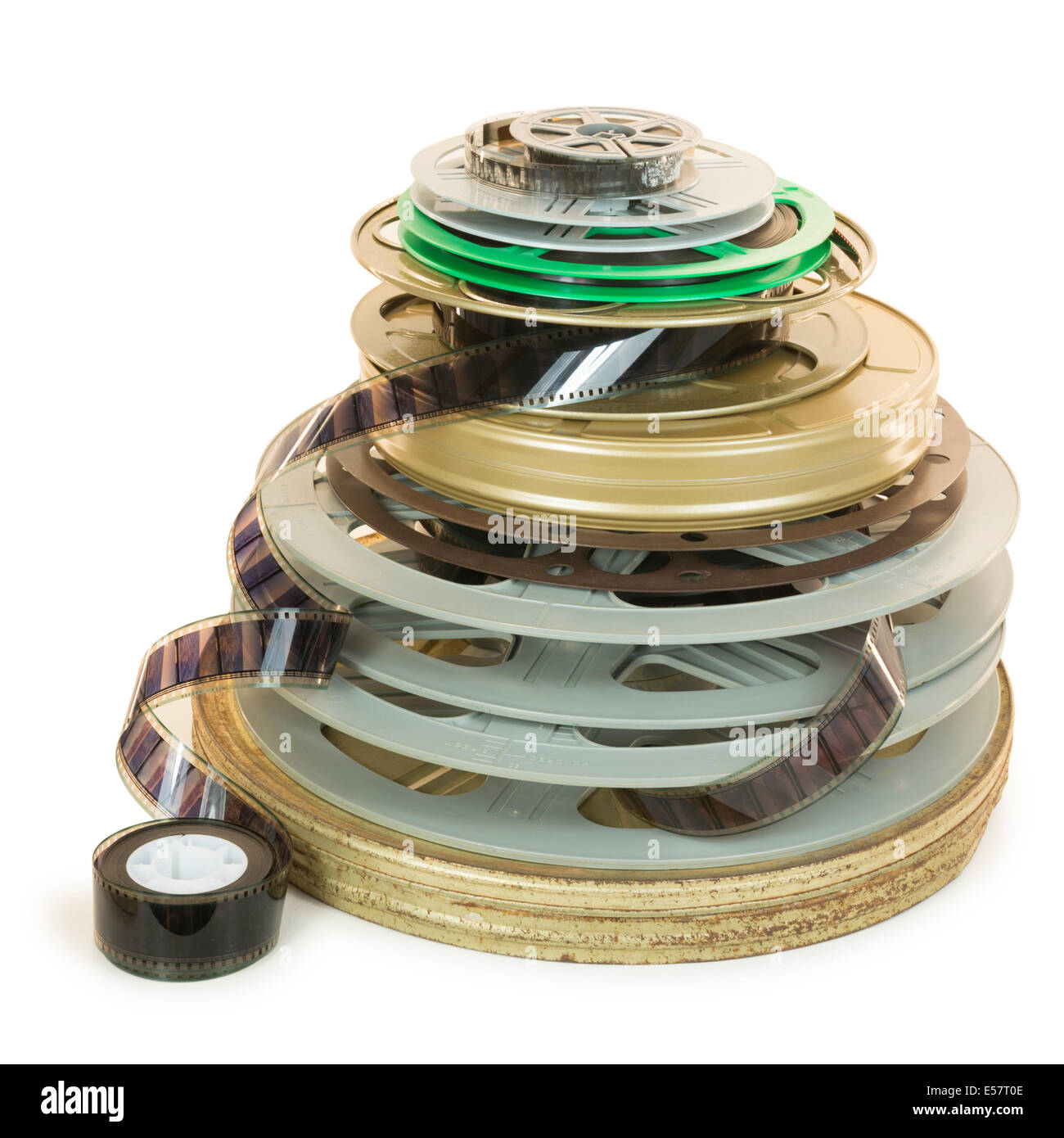 Pile of several types of movie film reels (35mm, 16mm, 8mm) and