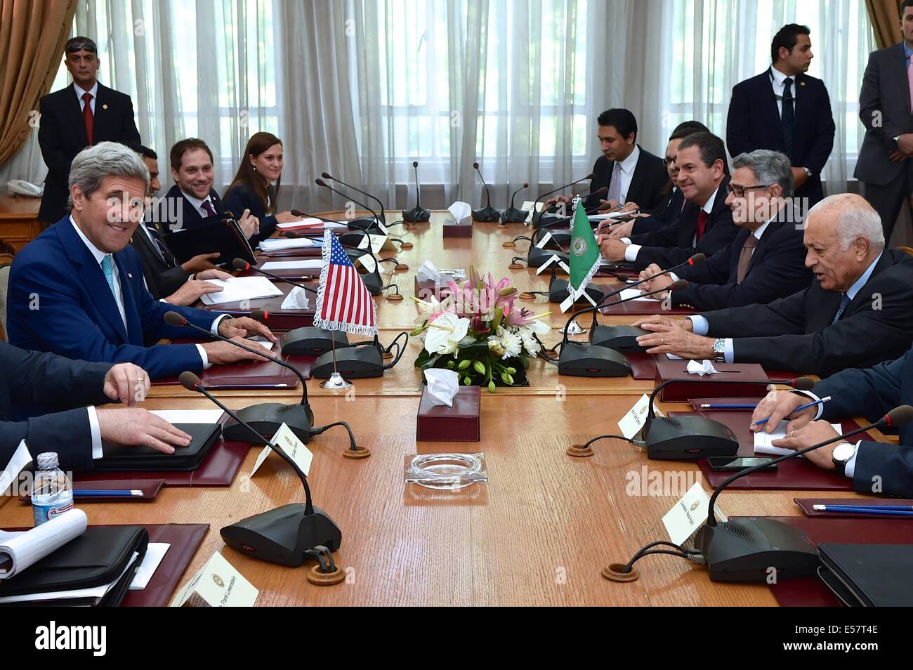 Cairo, Egypt. 22st July, 2014. US Secretary of State John Kerry sits across from Arab League Secretary-General Nabil al-Araby during discussions on a possible ceasefire between Israeli and Hamas forces fighting in the Gaza Strip at Arab League Headquarters July 22, 2014 in Cairo, Egypt. Credit:  Planetpix/Alamy Live News Stock Photo