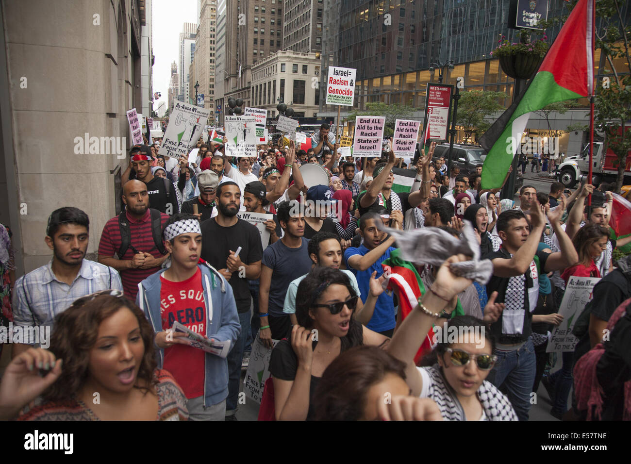 Large pro-Palestinian, anti-Israeli rally near the Israeli Consulate in New York City. Group then marched thru midtown Manhattan Stock Photo