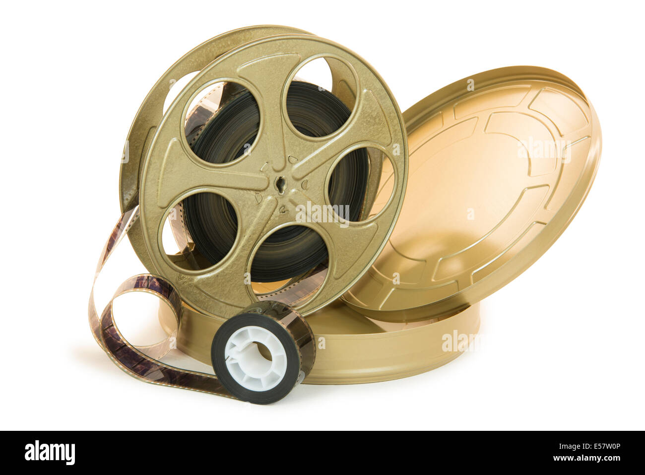 A 35mm film in a metallic golden reel and its can, isolated over