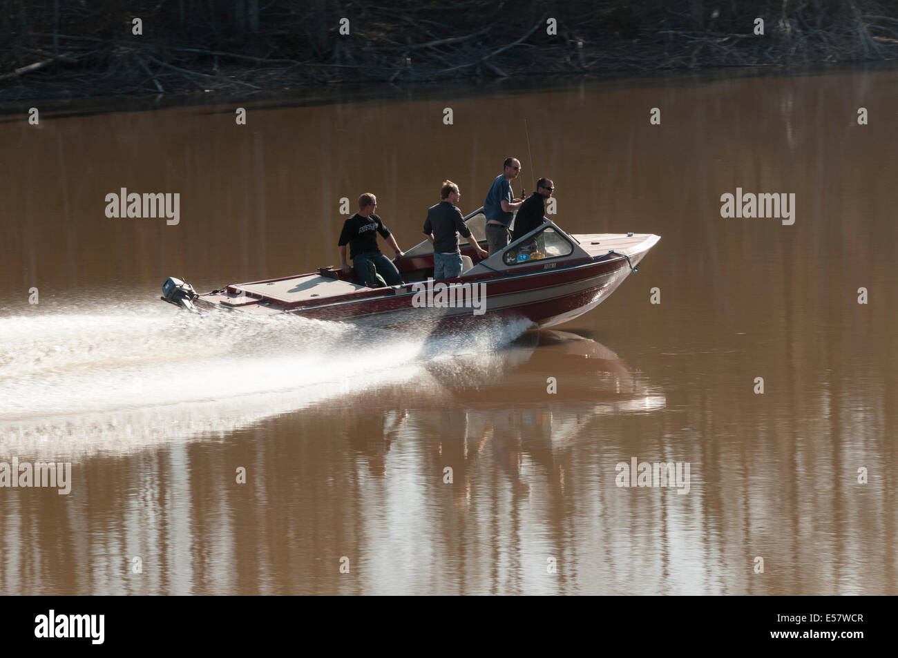 Elk203-3410 Canada, British Columbia, Fort St James, Stuart River, motorboat Stock Photo