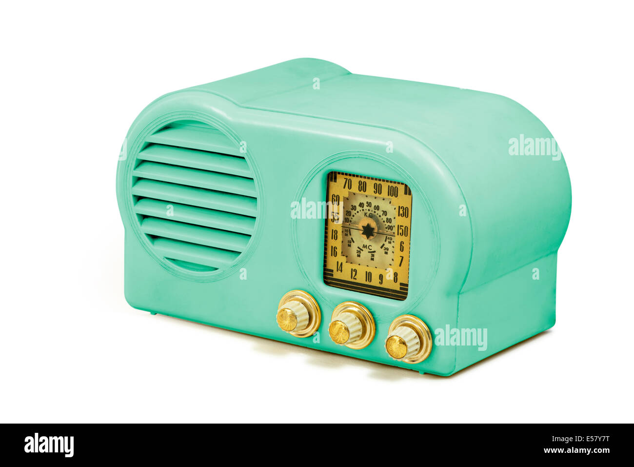 Antique bakelite tube radio isolated on white, clipping path included, units in spanish Stock Photo