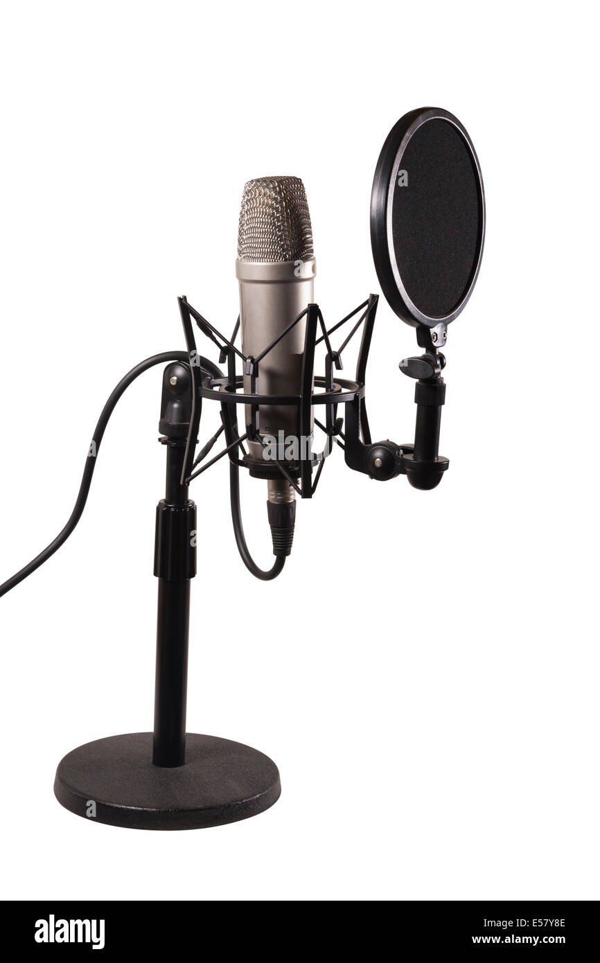 A condenser microphone with shock mount and pop shield in a desk stand isolated over white background, with clipping path Stock Photo