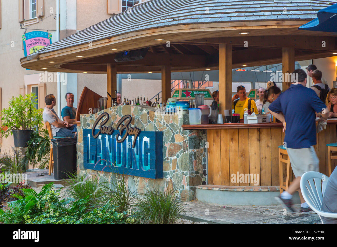 People at outdoor Cruz Bay Landing restaurant and bar in Cruz Bay on