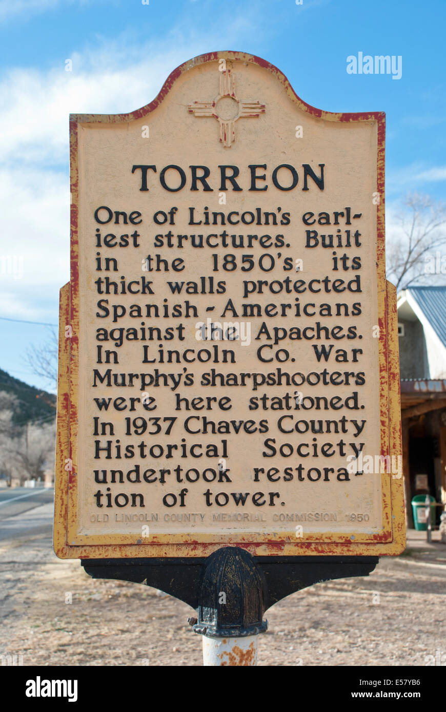 This sign appears in front of the Torreon in Lincoln, New Mexico. Stock Photo
