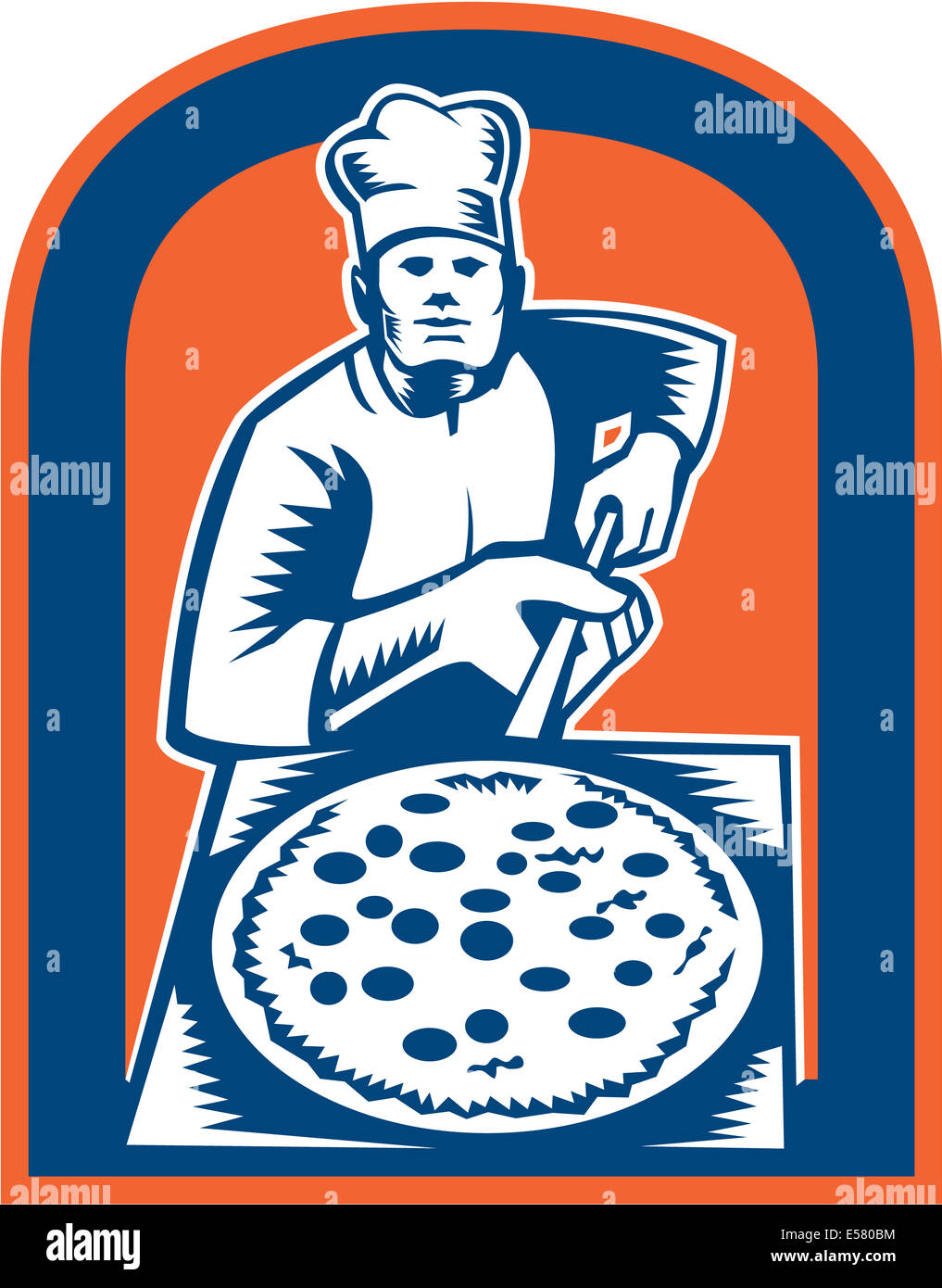 Illustration of a baker pizza maker holding a pizza peel viewed from