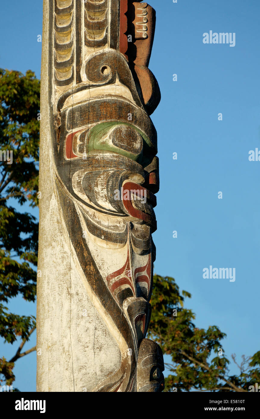 Close-up of  the the Centennial Totem Pole carved by Mungo Martin in Hadden Park, Vancouver, BC, Canada Stock Photo