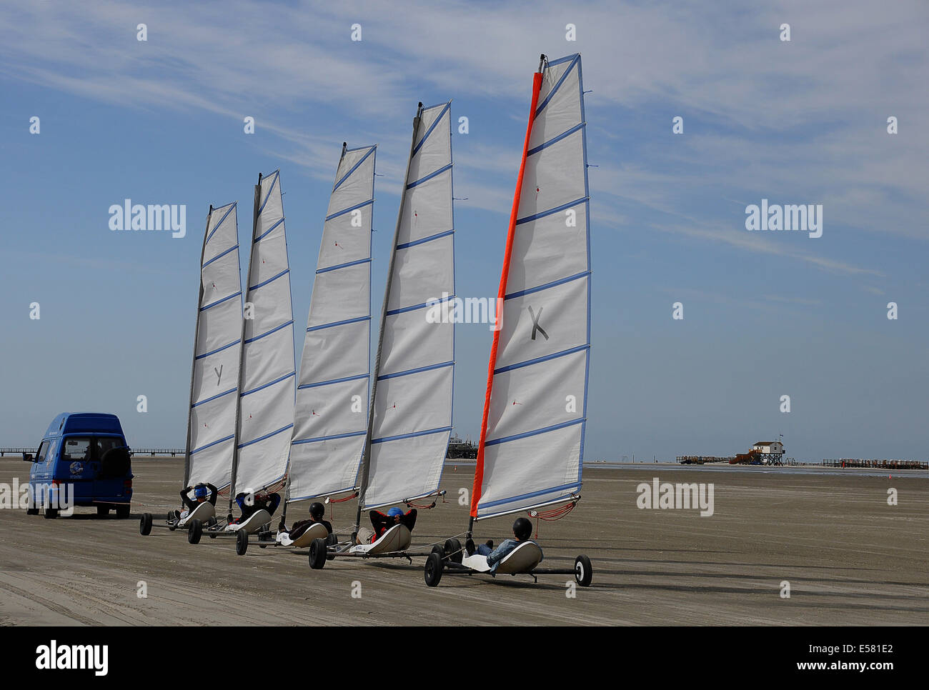 Land yachts being pulled to the beach by a car, St. Peter-Ording, Schleswig-Holstein, Germany Stock Photo