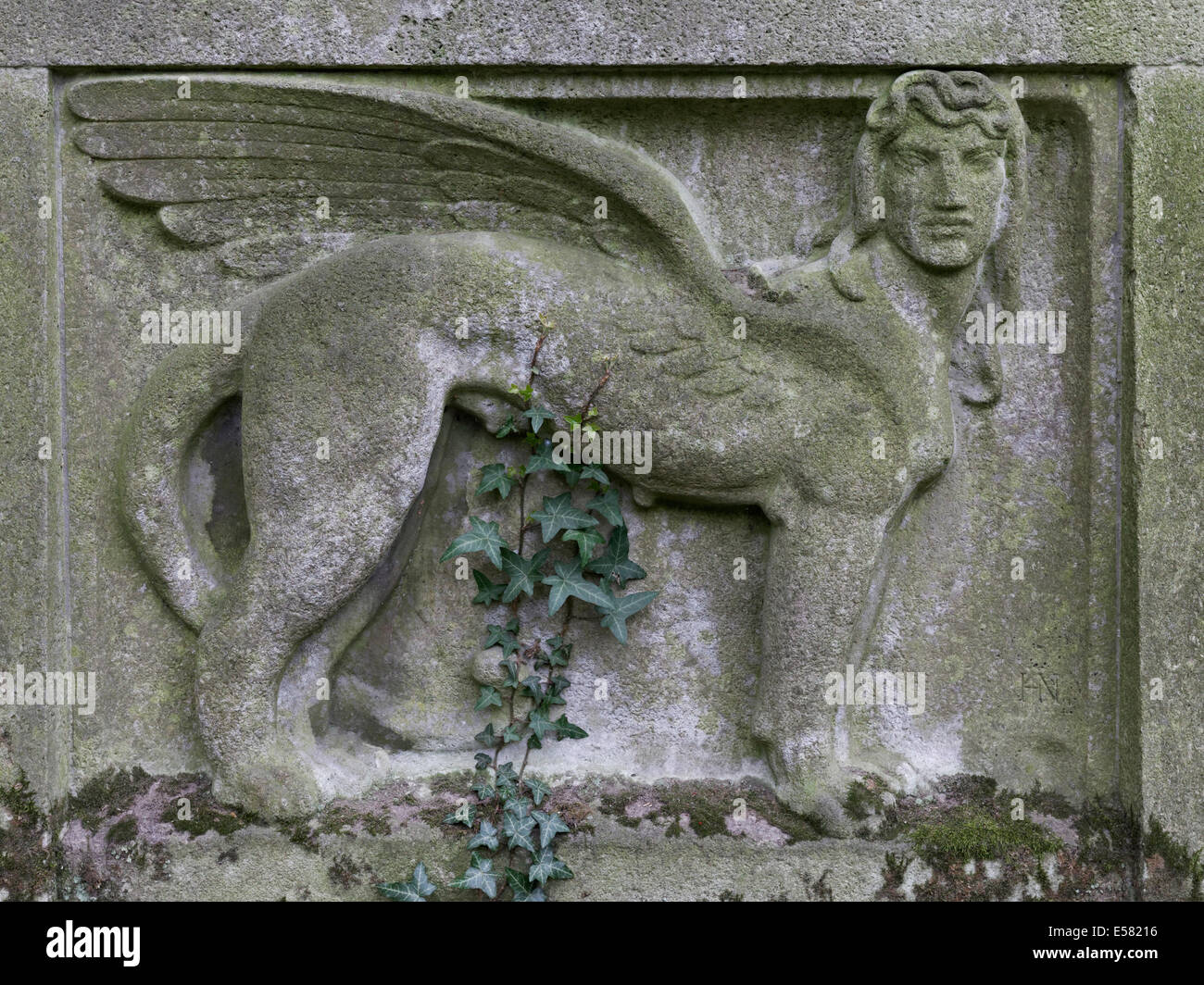 Winged Sphinx, relief on a historic tomb, Nordfriedhof, northern cemetery, Düsseldorf, North Rhine-Westphalia, Germany Stock Photo