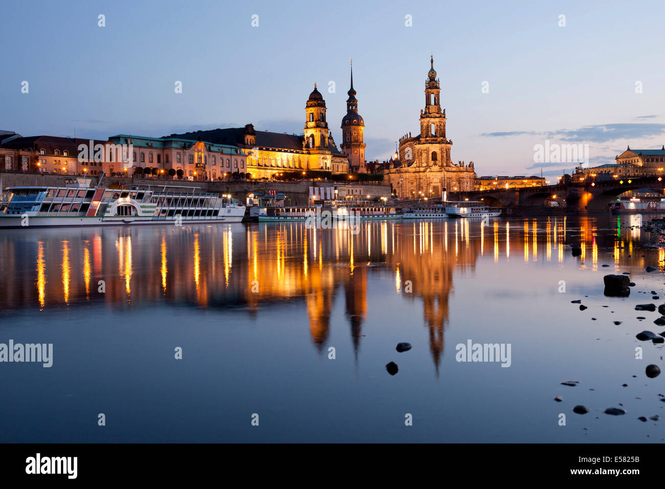 Elbe River, Dresden Cathedral or Katholische Hofkirche Church and Dresden Castle, Dresden, Saxony, Germany Stock Photo